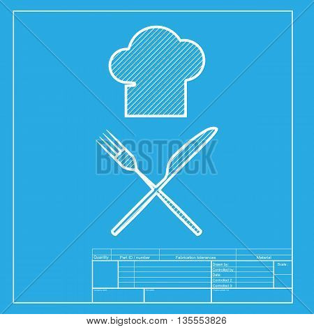 Chef with knife and fork sign. White section of icon on blueprint template.