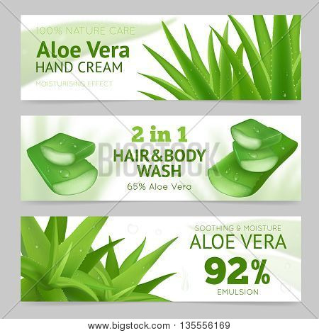 Horizontal sliced and whole aloe vera leaves banners presenting natural hand cream hair and body wash and emulsion