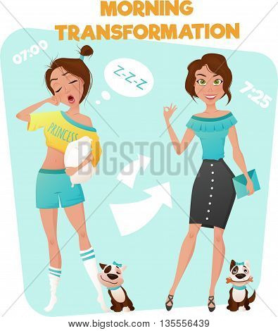 Cartoon style poster of morning transformation from sleepy girl to well looking business woman vector illustration