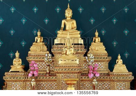Set of home altar table. Buddha altar table. Set of buddha images table.