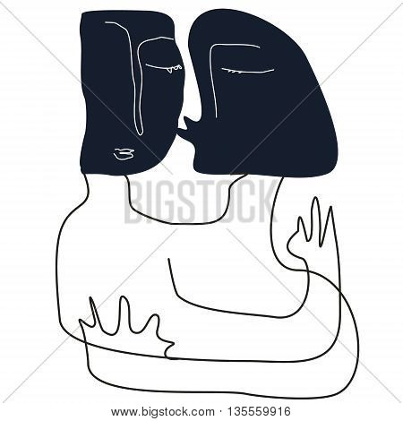 Two person on white background. Kiss. Naive art.