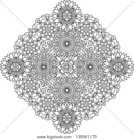 Outlined circular geometric symmetrical pattern with intricate floral like detailed shapes over white background
