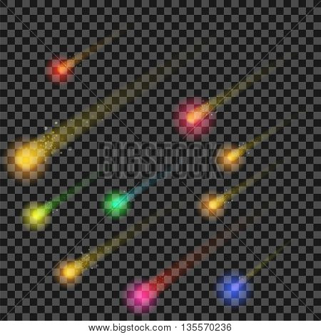 Colorful Stars Isolated on Checkered Background. Hight Sky. Shooting Selestial Comets. Meteor Shower. Meteorites Falling.