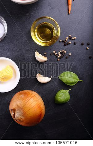 olive oil and ingredient for tomatoes soup