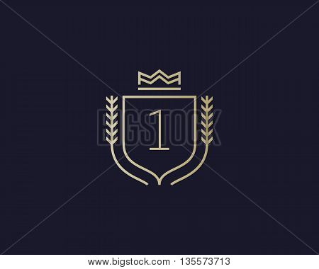 Premium number 1 ornate logotype. Elegant numeral crest logo icon vector design. Luxury figure shield crown sign. Concept for print or t-shirt design.
