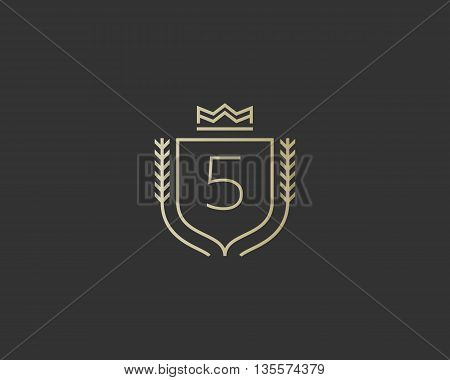 Premium number 5 ornate logotype. Elegant numeral crest logo icon vector design. Luxury figure shield crown sign. Concept for print or t-shirt design.