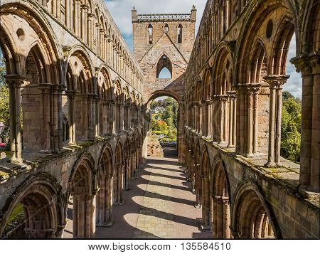 Top view on the ruins of Jedburgh Abbey in the Scottisch Borders region in Scotland