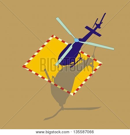 Illustration of a small helicopter is landing on specially marked area heliport