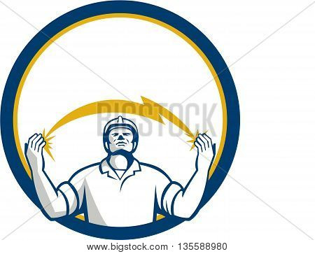Illustration of an electrician looking up and hands raised with lightning bolt struck in both hands viewed from the front set inside circle done in retro style.