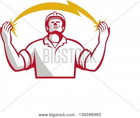 Illustration of an electrician looking up and hands raised with lightning bolt struck in both hands viewed from the front set on isolated white background done in retro style.
