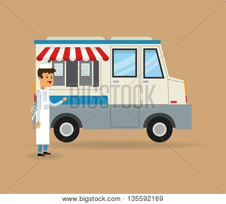 Delicius Food represented by specific menu with truck icon over pastel and flat background