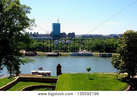 Confluence of the river Sava in Belgrade with the beautiful view on New Belgrade
