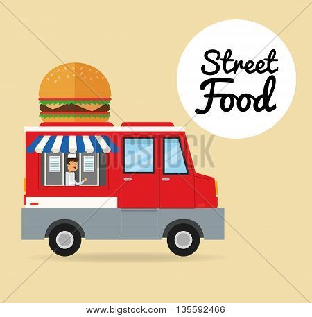 Delicius Food represented by hamburger with truck icon over pastel and flat background