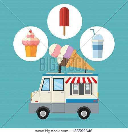 Delicius Food represented by ice cream with truck icon over pastel and flat background
