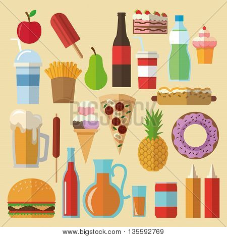 Delicius Food represented by variety of food icon over pastel and flat background