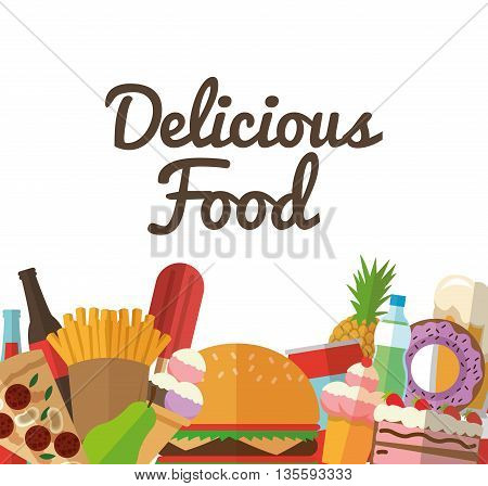 Delicius Food represented by variety of food icon over pastel and flat background