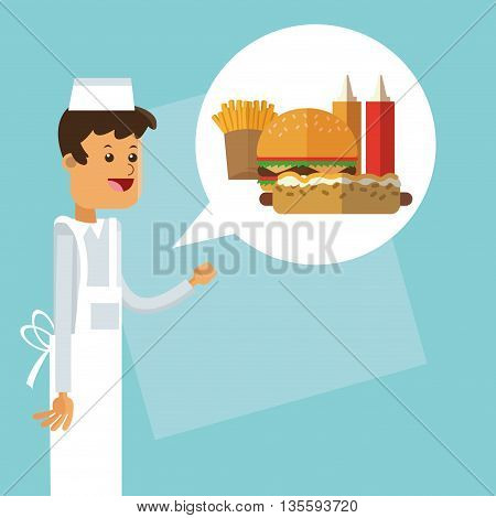 Fasf food represented by cartoon chef  icon over pastel and flat background
