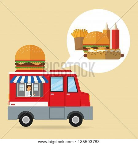 Delicius Food represented by hamburger with truck icon over pastel and flat background