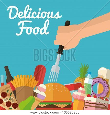Delicius Food represented by variety of food icon over pastel and flat background