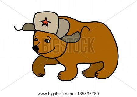 Cartoon Bear wearing a Russian hat earflaps, isolated on white background, vector