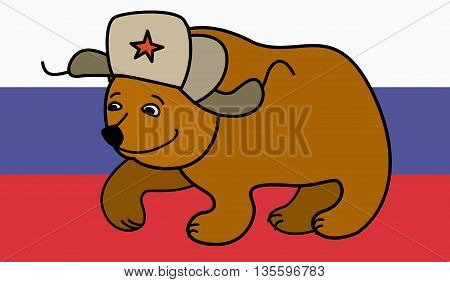 Cartoon Bear wearing a Russian hat earflaps, russian flag on background, vector