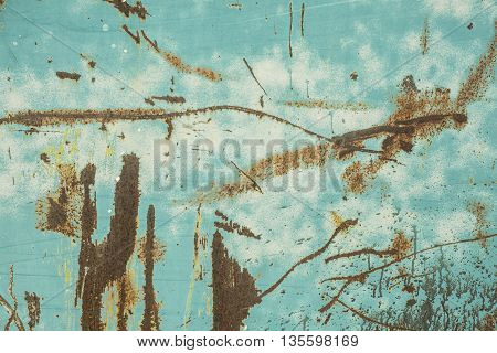 An old grungy turquoise metal surface with rust spots scratches and paint splatter.