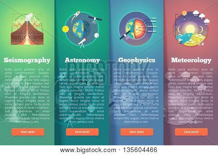 Earth planet science banner set. Seismography. Astronomy. Geophysics. Meteorology. Education and science vertical layout concepts. Flat modern style.