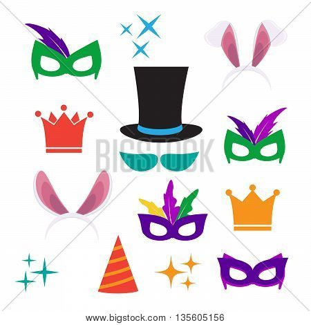 Party Birthday photo booth props. Hat and mask costume and cylinder bunny ears nose moustache eps10