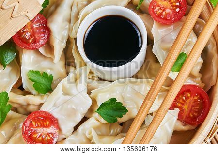 Steamed Asian dumplings. Steamed dumplings with fillings