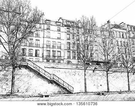 Apartments on banks of River Seine, 5th Arr, Paris, France, Europe. Trees in foreground with steps to river. Line drawing style generated from photograph.