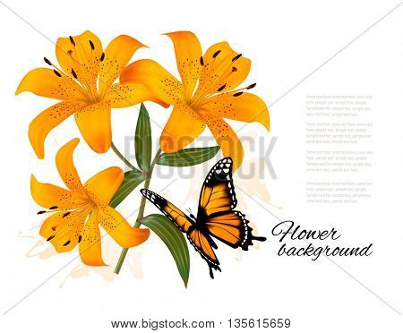 Flower Background With Three Beautiful Lilies and Butterfly. Vector.