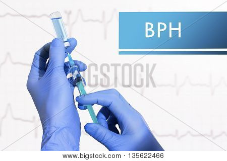 Stop BPH (benign prostatic hyperplasia). Syringe is filled with injection. Syringe and vaccine