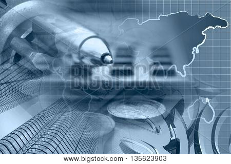 Financial background in blues with money calculator map and pen.