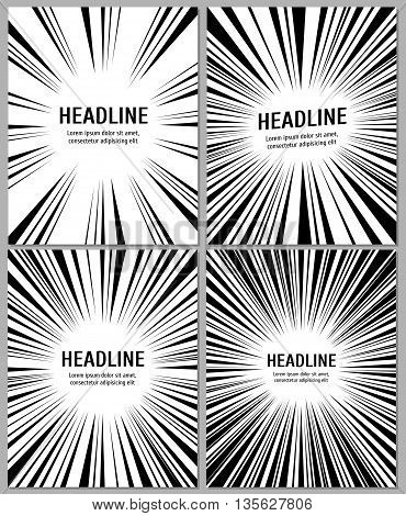 Business brochure with radial comic speed lines. Radial monochrome banner and booklet paper template with radial pattern. Vector illustration template