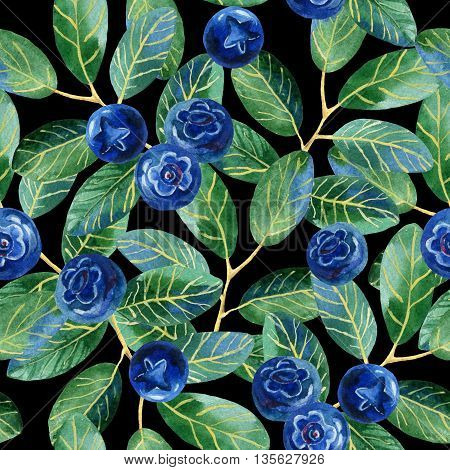 Blueberries with leaves watercolor seamless patern. Wild berries background