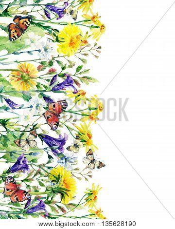 Meadow watercolor flowers card with butterfly. Watercolor wild bellflowers dandelion daisy weeds and herbs background with butterfly. Hand vertically painted natural illustration