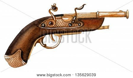 Watercolor flintlock pistol isolated on white background. Hand painted illustration.
