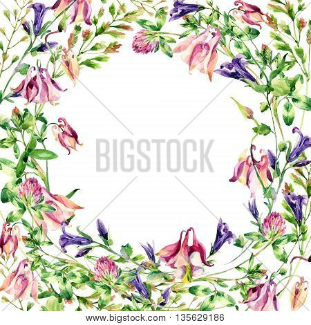 Watercolor meadow bell flowers wreath. Watercolor wild columbine and bell flowers arrangement on white background. Hand painted illustration for floral design