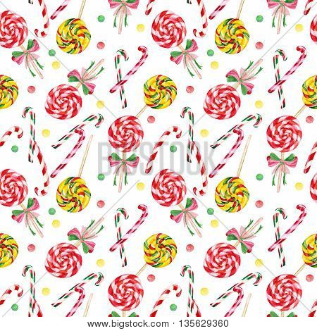 Lollipop candy cane seamless pattern. Yummy colorful background. Watercolor hand painted illustration