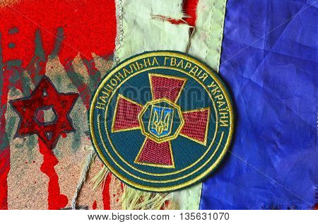 ILLUSTRATIVE EDITORIAL.Chevron of Ukrainian army.June 13,2016 in Kiev, Ukraine