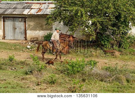 Trinidad Cuba - January 14 2016: Trinidad's residents still use horses for transportation. Cuba has one of lowest vehicle per capita rates in the world. In Cuba sits the local cowboys Gaucho in the saddle all day. They are a regular part of the local life