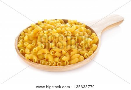 Gomiti elbows pasta in wooden plate with handle on white background