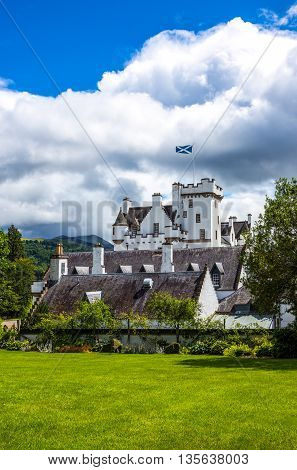 Perthshire Scotland - July 27 2012: Blair Atholl the Blair castle home of the Duke of Athool seen from the garden.