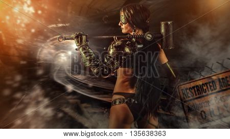 Powerful Fantasy Woman Miner With A Heavy Sledgehammer.