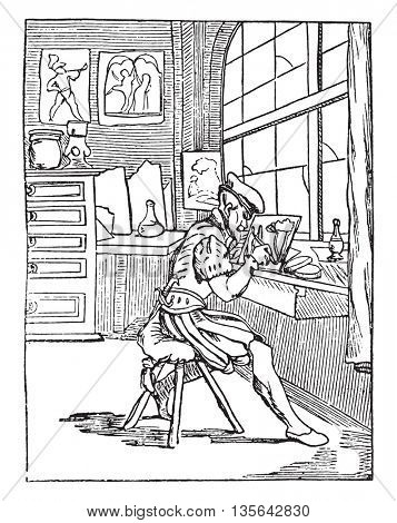 The glass Painter, Vitripictor, vintage engraved illustration. Magasin Pittoresque 1836.