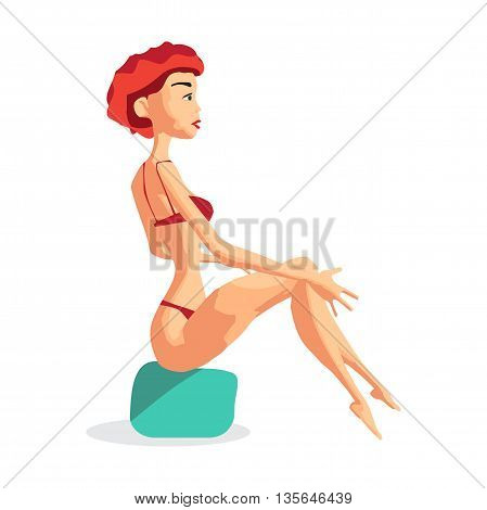 Slender red-haired woman dressed in red swimsuit is sitting. Isolated flat design illustration. The comic tall red-haired on the beach in red bikini