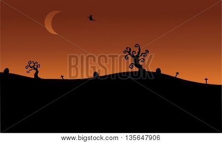 Halloween witch flying in tomb silhouette scnery illustration