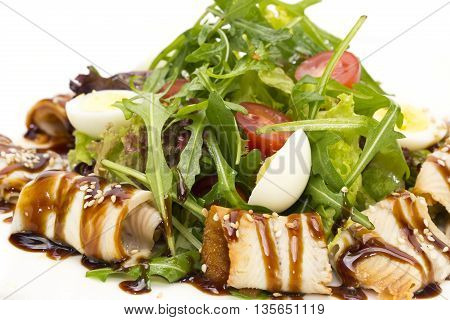 salad of green vegetables and meat, fish eel restaurant