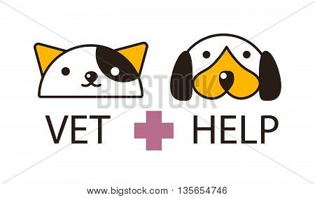 Mixed breed puppy american curl cat had on white background. Cat and dog heads domestic kitten white feline and cute puppy mammal. Cute funny cat and dog heads portrait friendship vector symbol.
