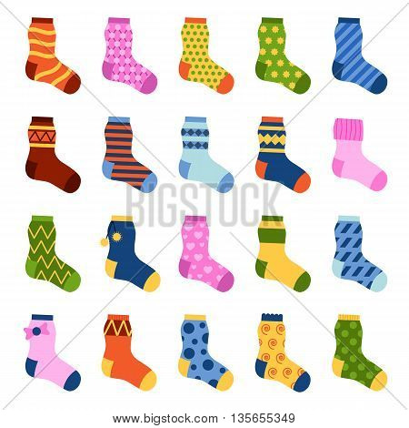 Flat design colorful socks set vector illustration. Selection of various socks on white background. Textile warm clothes socks pair cute decoration wool winter clothing. Sport season collection.